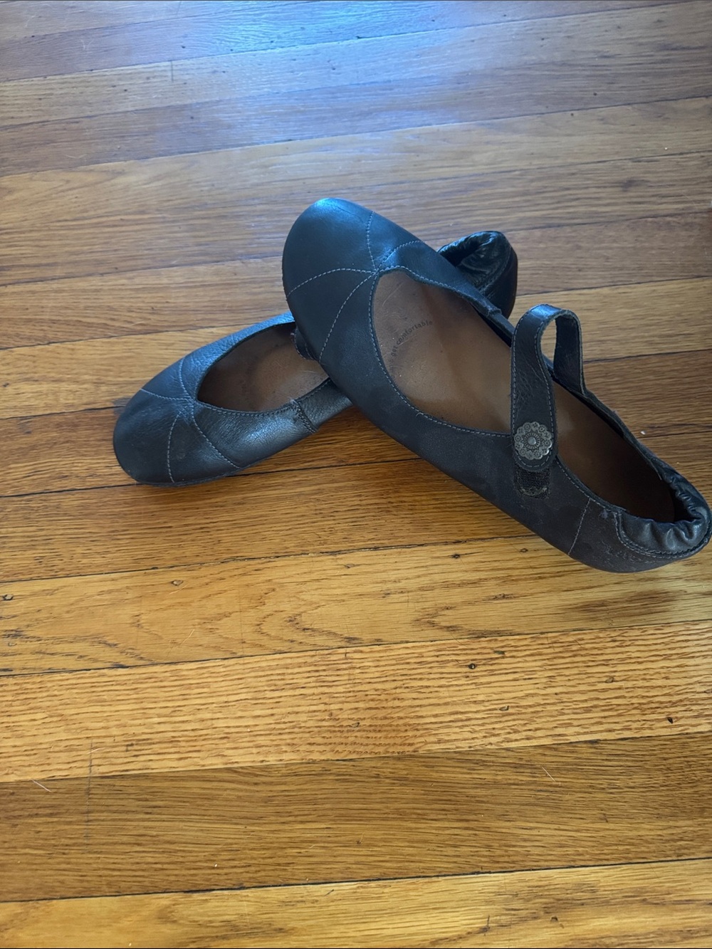 Taos Footwear Black Leather Mary Jane Flats with Floral Button